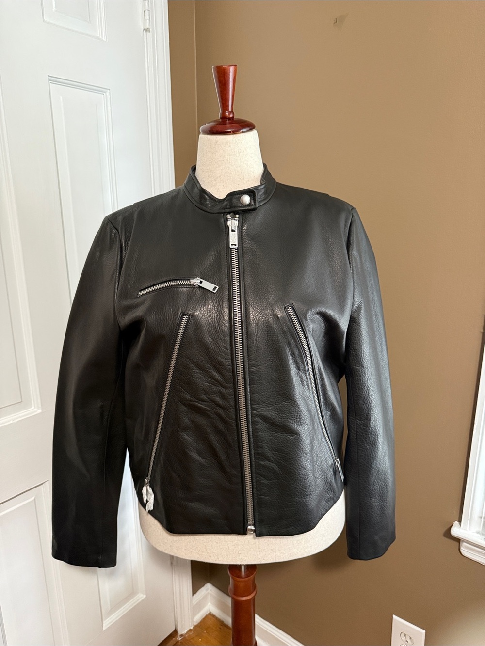 GAP Black Leather Moto Jacket with Asymmetric Zippers